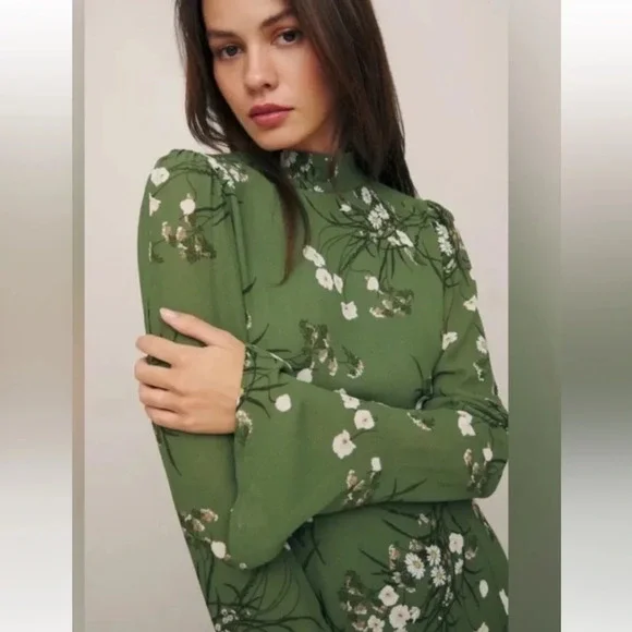 REFORMATION Lomita Green floral long sleeve open back PERSIS mini dress size 10. - Picture 2 of 16